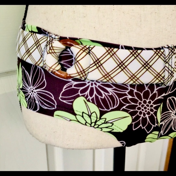 Green Floral & Brown Reversible Swimsuit Bikini: Plaid Pattern, Cheeky Bottoms - Picture 4 of 4